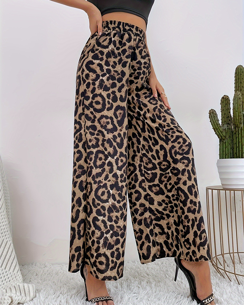 Pantalones anchos casuales con estampado de leopardo