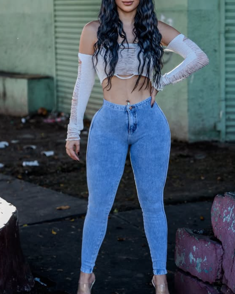 Jeans elásticos de cintura alta con cadena