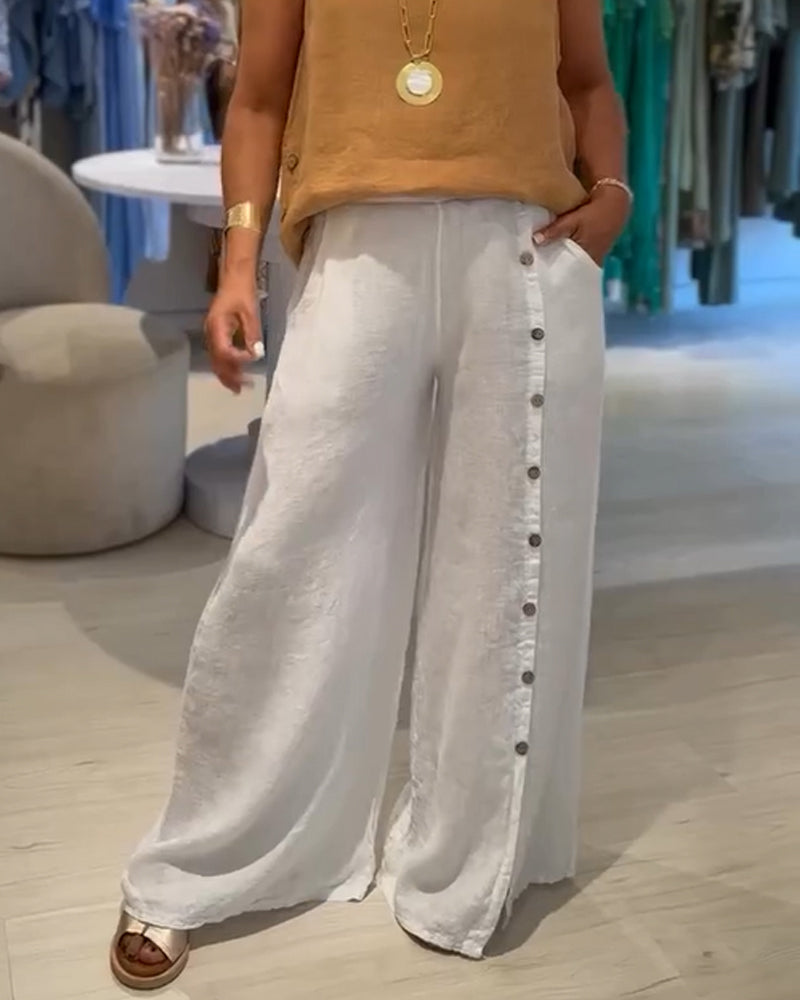 Pantalones casuales holgados de botonadura sencilla