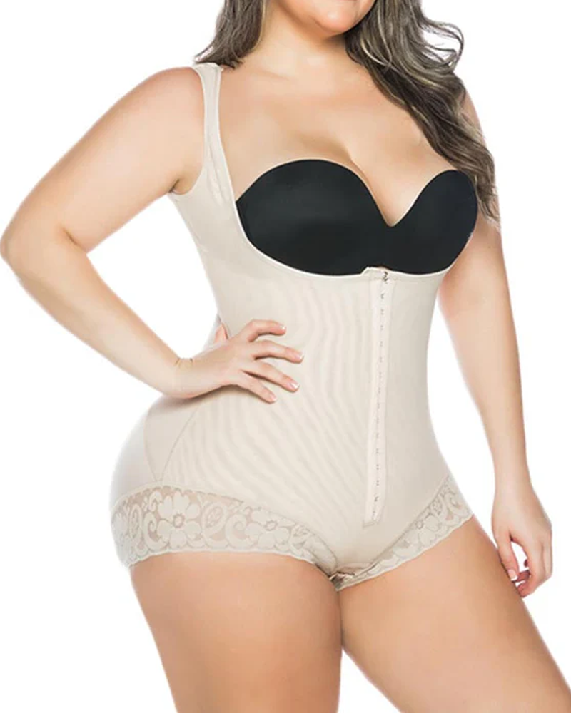 Body de encaje para mujer con mangas de sisa, moldeador de cuerpo ajustable con soporte para el pecho y control de la barriga