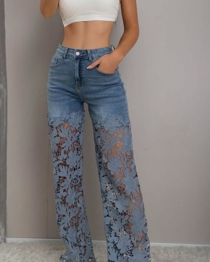 Vaqueros elegantes de cintura alta con encaje y patchwork para mujer