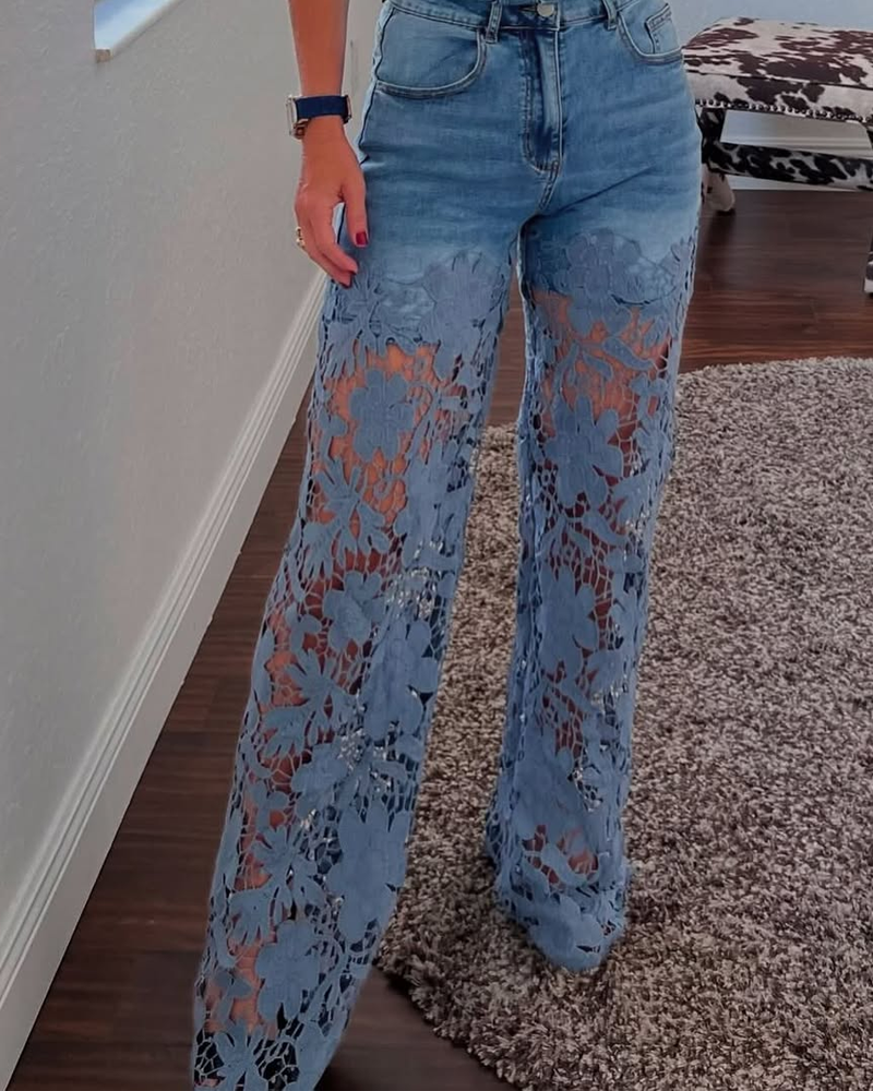 Vaqueros elegantes de cintura alta con encaje y patchwork para mujer