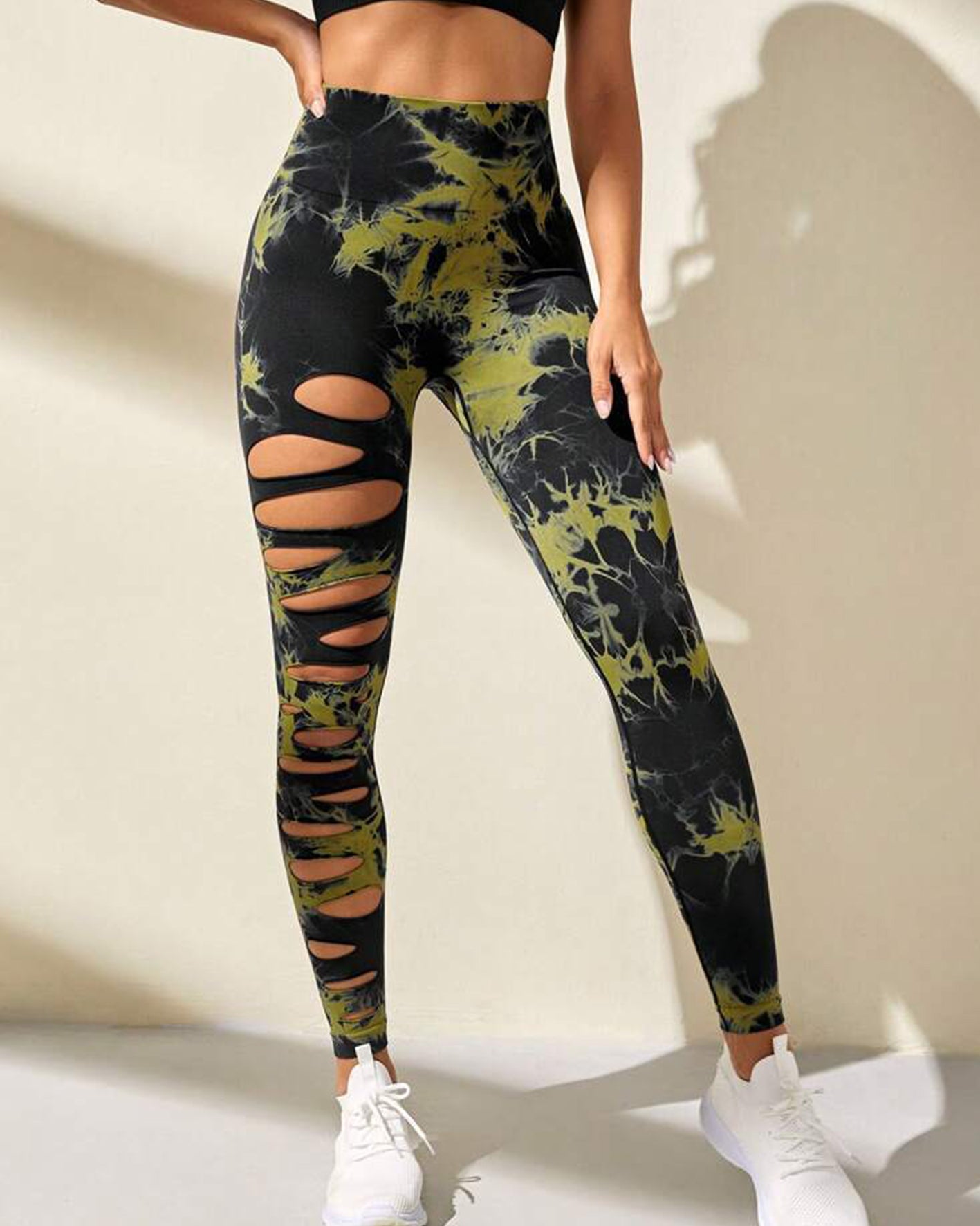 Pantalones de yoga con efecto tie-dye y cintura alta con abertura y levantamiento de cadera