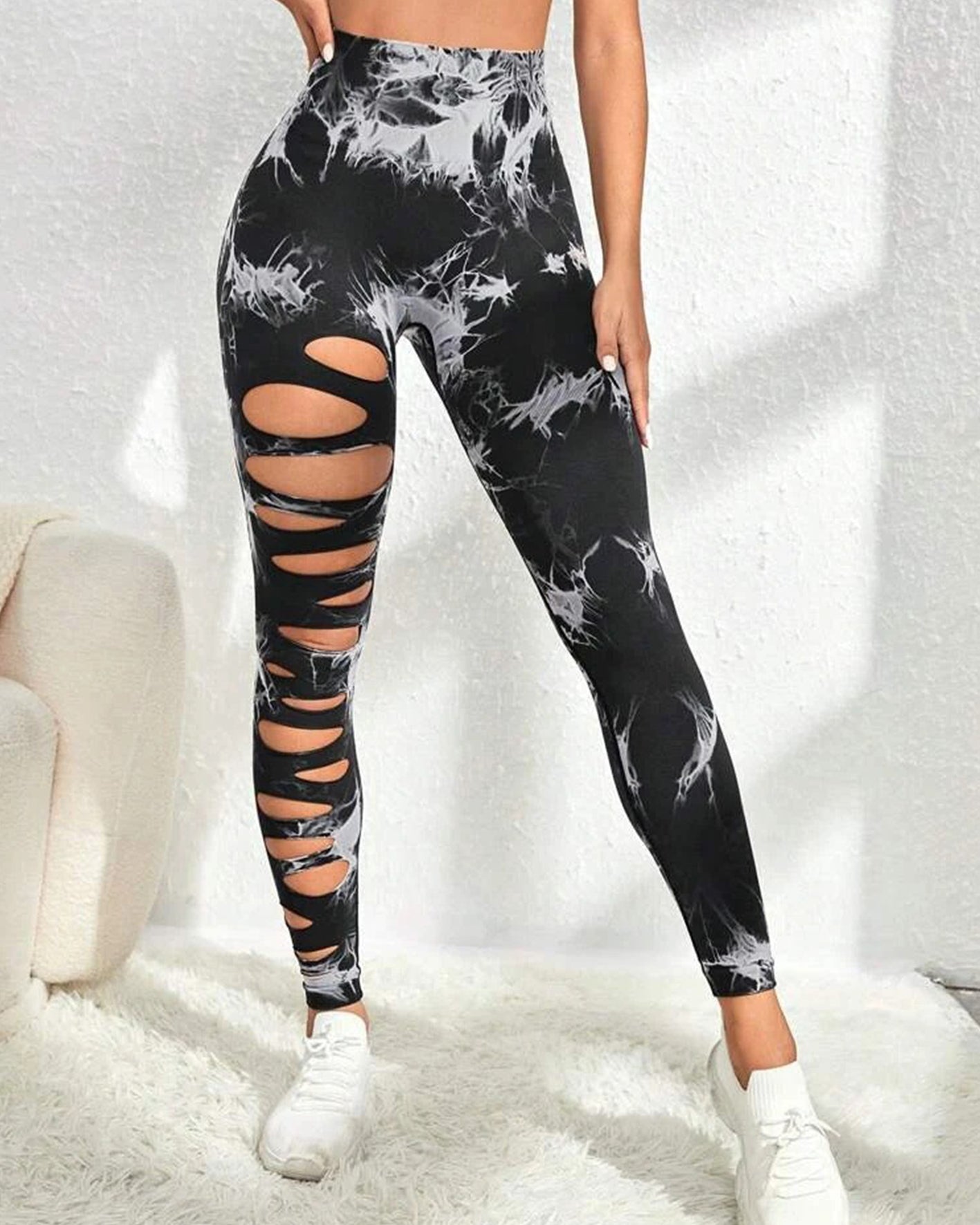 Pantalones de yoga con efecto tie-dye y cintura alta con abertura y levantamiento de cadera