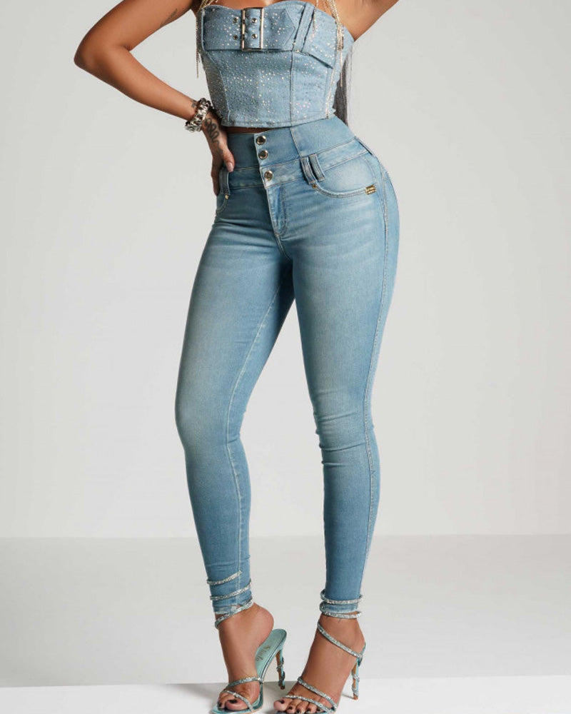 Jeans ajustados con botones negros para mujer (pre-venta)