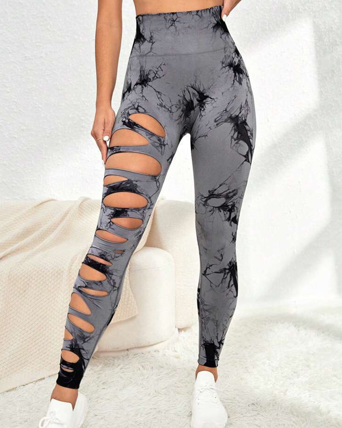 Pantalones de yoga con efecto tie-dye y cintura alta con abertura y levantamiento de cadera