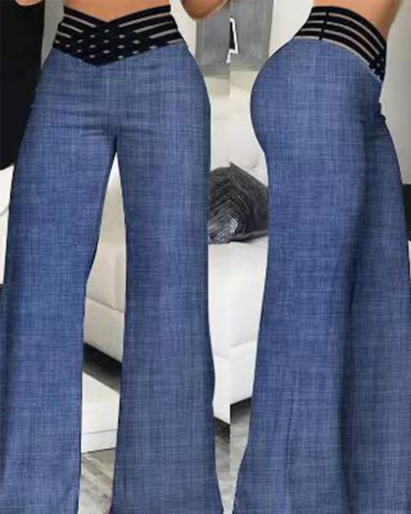 Pantalones anchos casuales de cintura alta con cinturón recortado