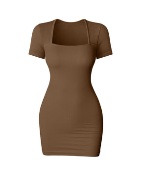 Minivestido sexy para mujer, cuello cuadrado, manga corta, elástico, bodycon