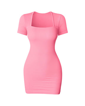 Minivestido sexy para mujer, cuello cuadrado, manga corta, elástico, bodycon