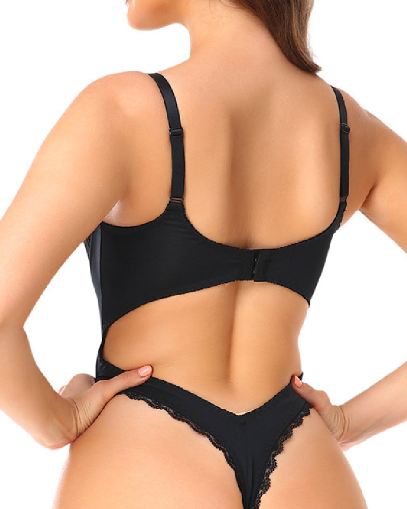 Body de boda con escote en V profundo, tanga, push up y sexy con encaje transparente