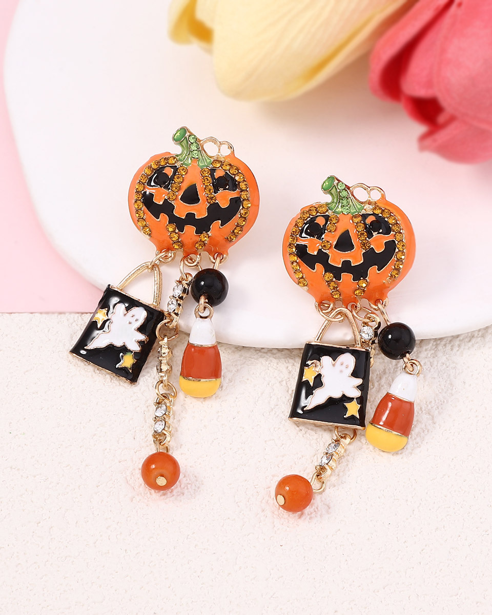 Pendientes de borlas con forma de calavera de calabaza y circonitas con gotas de aceite para Halloween