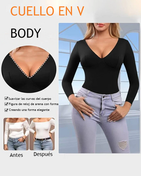 Body Control de barriga Manga larga Salir Camisa con cuello en V Una pieza Slim Top Shapewear