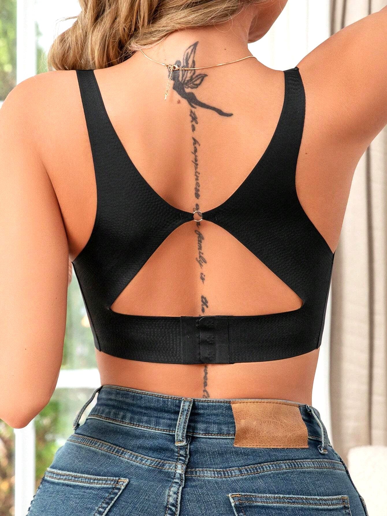 Sujetador sin espalda cómodo de color sólido para mujer con almohadillas extraíbles, soporte bajo y sin costuras