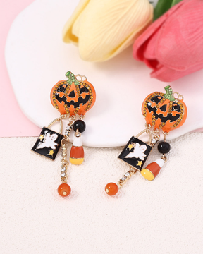 Pendientes de borlas con forma de calavera de calabaza y circonitas con gotas de aceite para Halloween