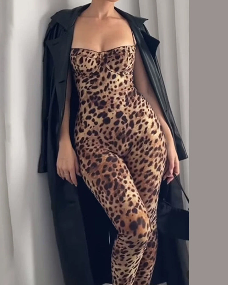 Body sexy con tirantes y estampado de leopardo que realza la cadera y la cintura alta