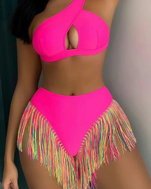 Bikini de color liso con flecos para mujer, traje de baño elegante y casual para vacaciones en la playa, ideal para todas las estaciones.
