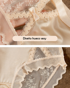 Braguitas sexys de satén con encaje y costuras huecas