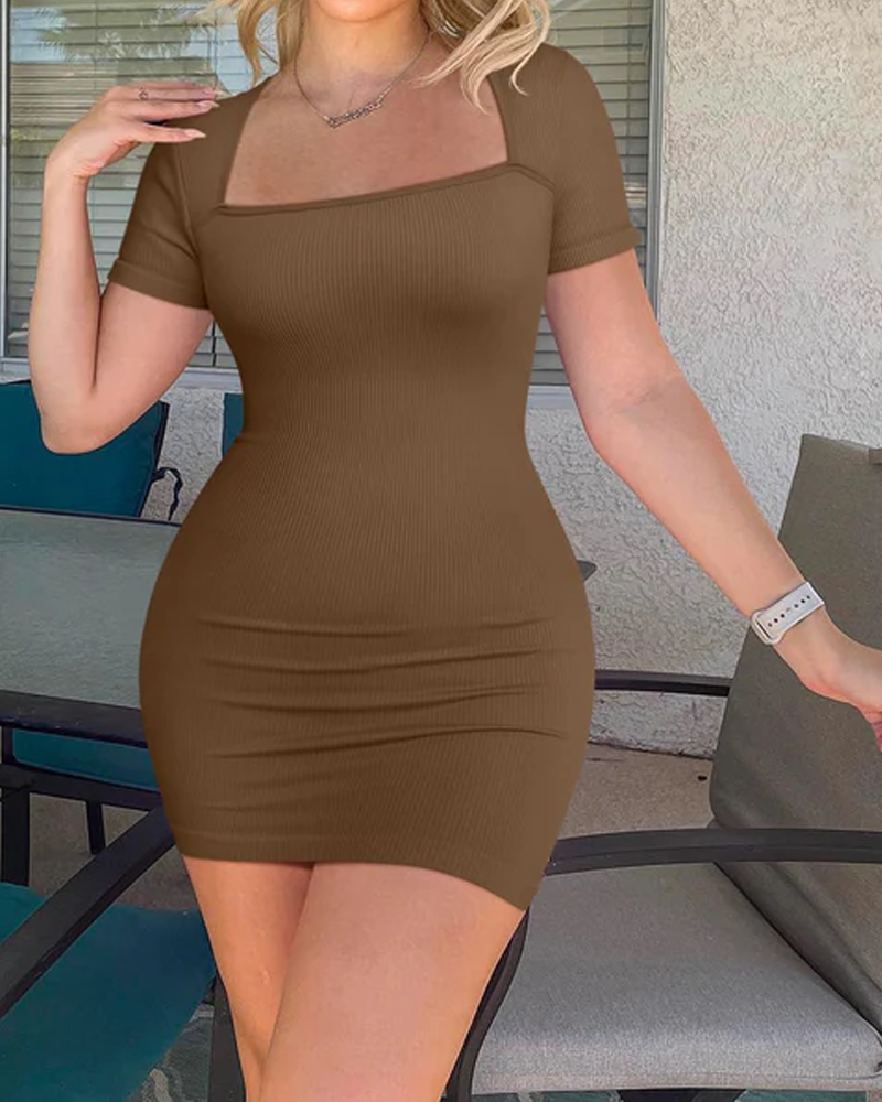 Minivestido sexy para mujer, cuello cuadrado, manga corta, elástico, bodycon