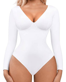 Body Control de barriga Manga larga Salir Camisa con cuello en V Una pieza Slim Top Shapewear