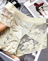 Pantalones de vientre de cintura alta con encaje de lujo ligero satinado de alta gama