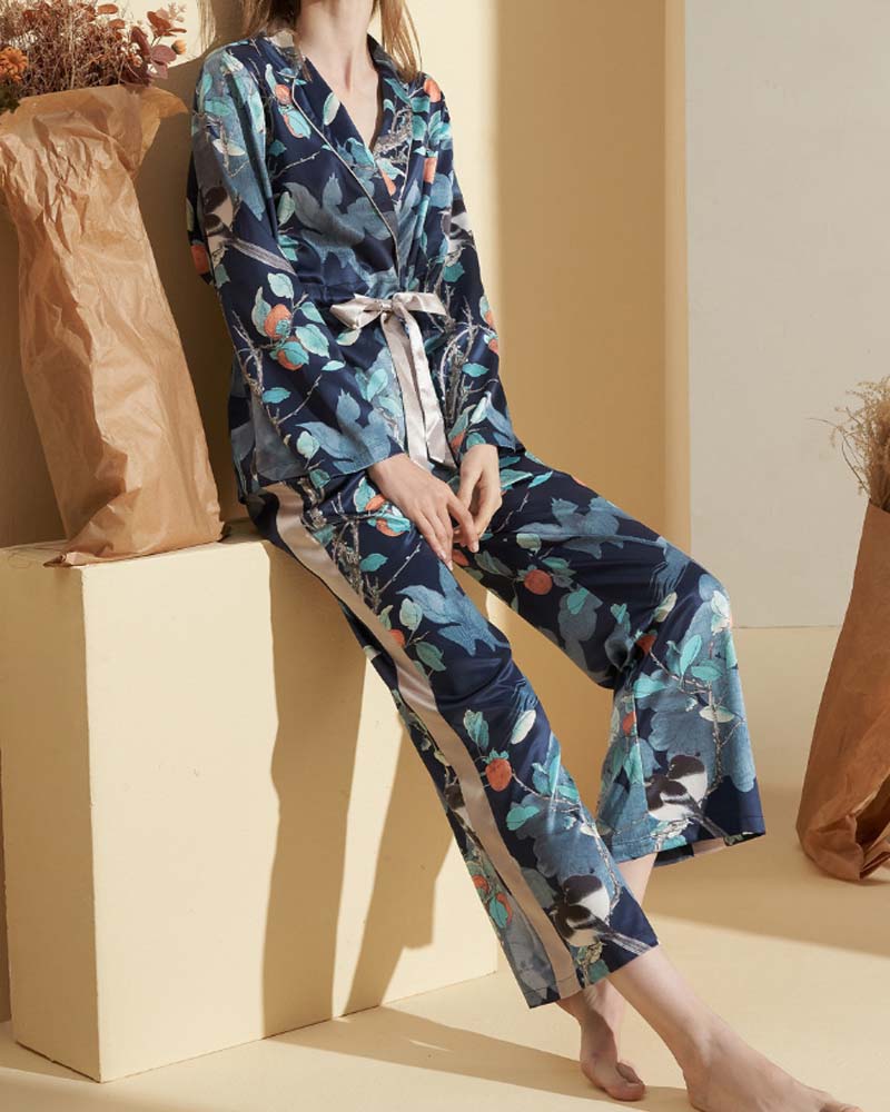 Lapel Printed Satin Pajama Set