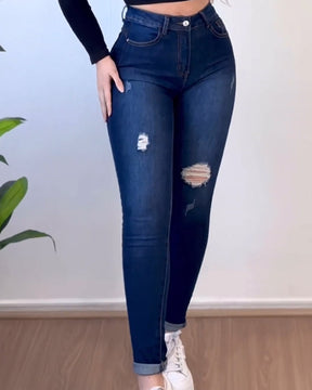 Jeans rasgados con cinturones moldeadores （Pre-Venta）