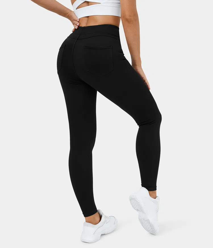 Leggings casuales de mezclilla de punto elástico con bolsillo lateral trasero de talle alto