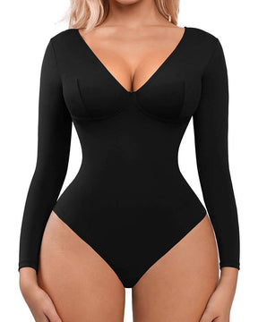 Body Control de barriga Manga larga Salir Camisa con cuello en V Una pieza Slim Top Shapewear