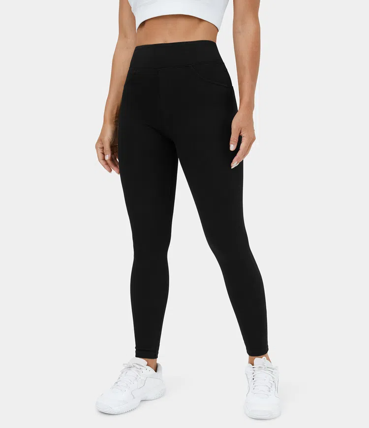 Leggings casuales de mezclilla de punto elástico con bolsillo lateral trasero de talle alto