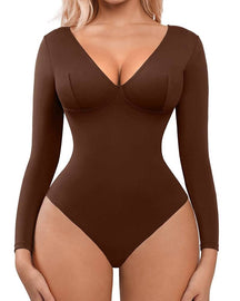 Body Control de barriga Manga larga Salir Camisa con cuello en V Una pieza Slim Top Shapewear