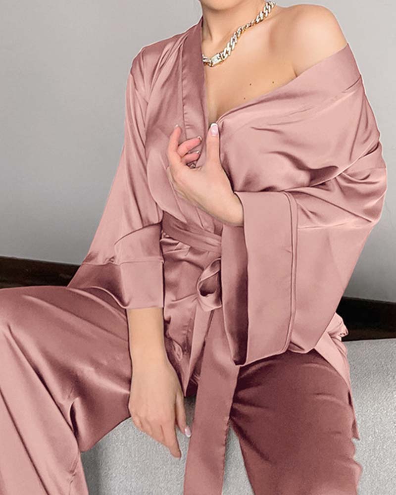 Satin Tinted Shirt With Lace-Up Nightgown